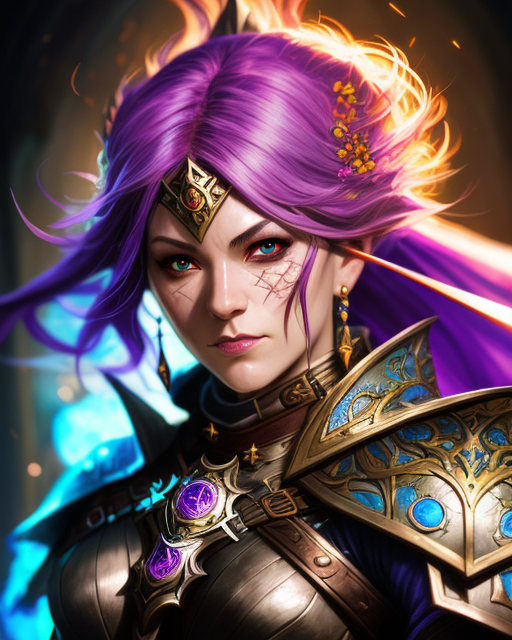 young woman with purple hair surrounded by light wearing fantasy armour=