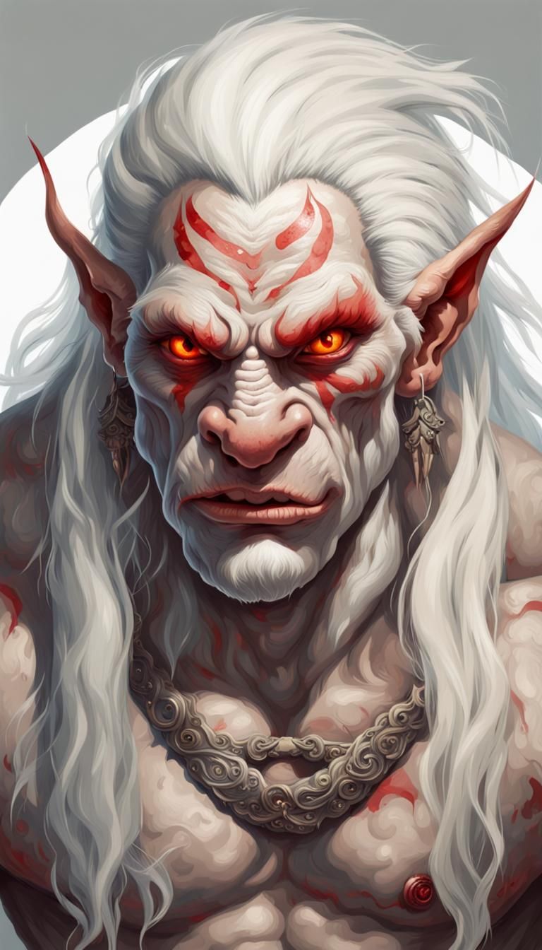an albino troll covered with mystical tattoos