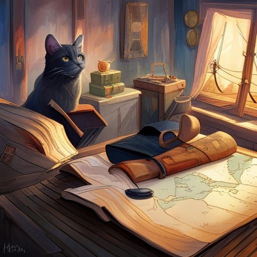 a black cat in a ship's cabin=