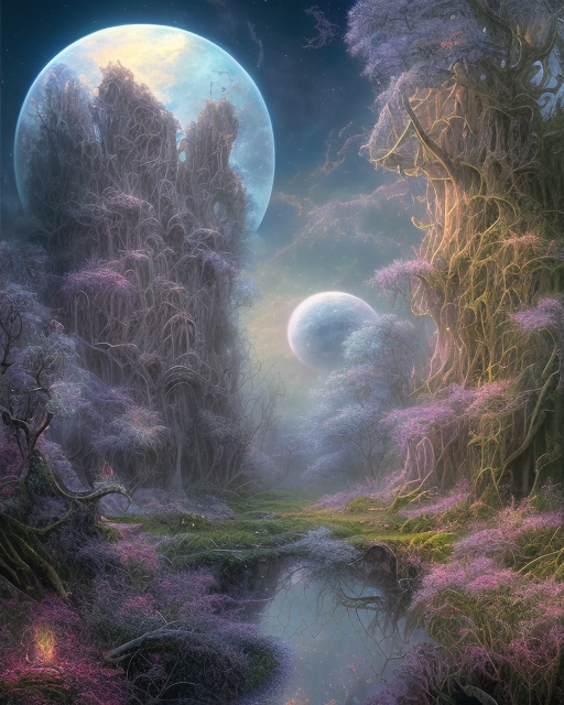 surrealistic fantasy forest with planet rising in the sky=