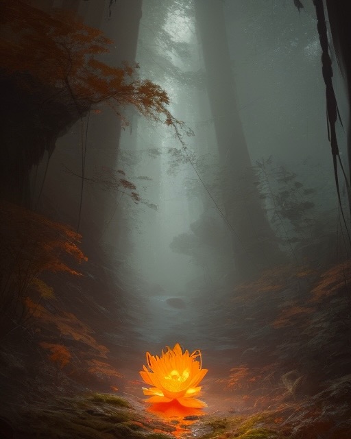 an orange flower glows in the dark forest=