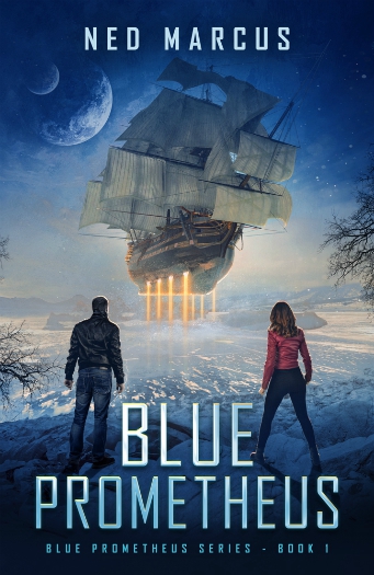 book cover sailing ship landing on a distant planet=