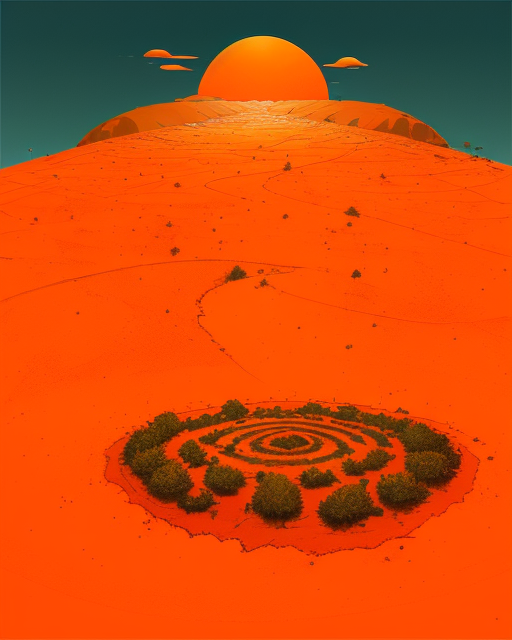 giant desert dune with circle of trees=