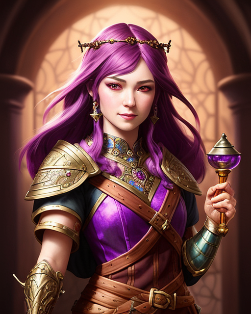 young woman in intricate golden and purple armour=