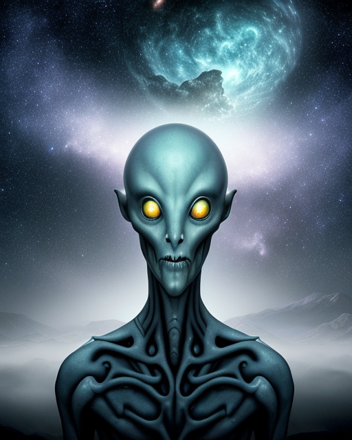 ghastly blue grey alien on desolate misty planet=