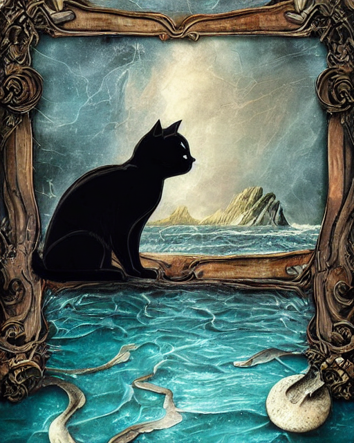 A black cat on a wooden frame floating in the sea