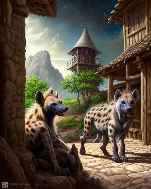 fantasy hyenas outside an inn=
