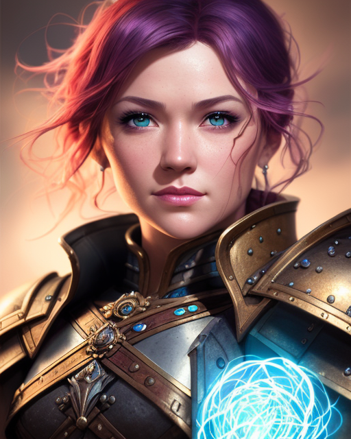 young woman with red and purple hair wearing armour. magic forms over her heart=