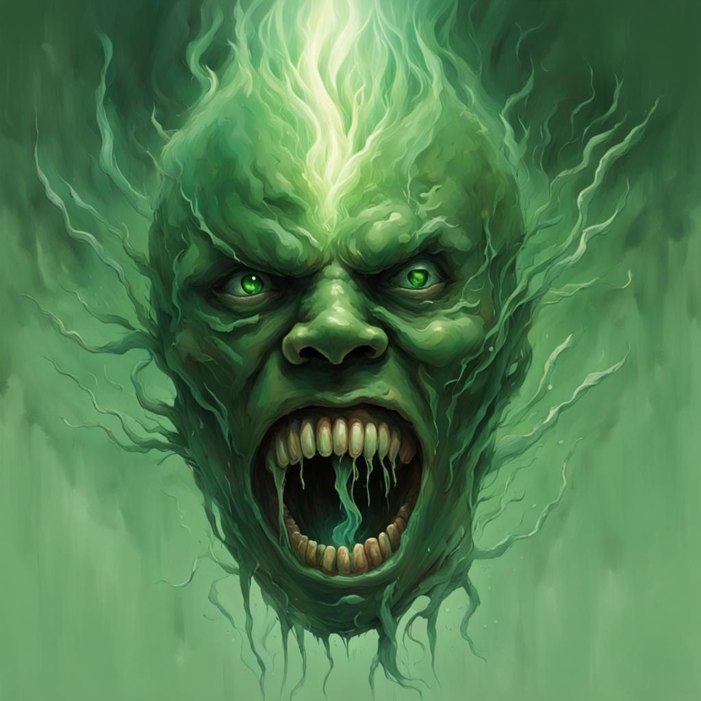 an evil green head with gnashing teeth floating in the air