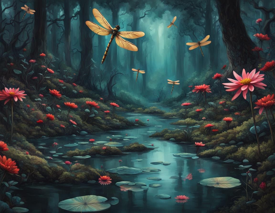 dark almost idyllic forest with dragonflies over the river