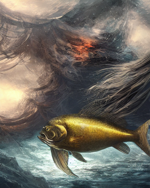 Big surrealistic fish swimming over river