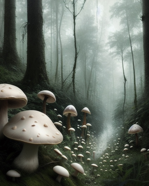 White mushrooms in a misty fantasy forest