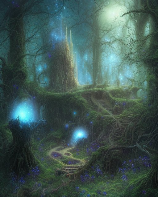 A mystical fantasy forests with lights shining in the mist