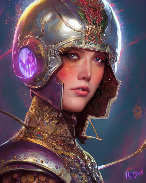 Young woman with silver helmet with purple ear patches.