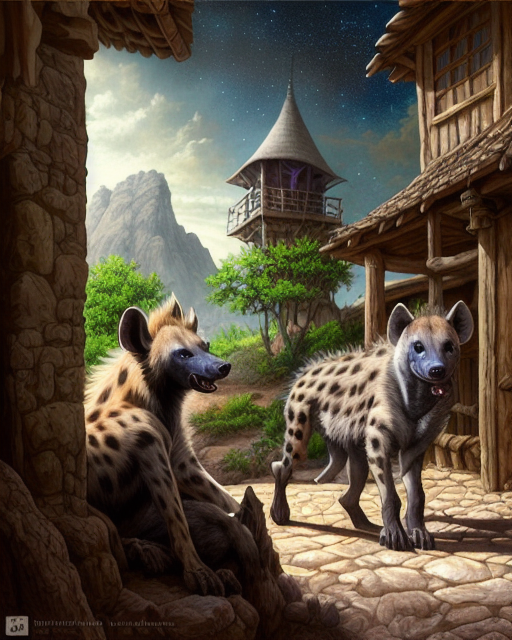 Hyenas in a fantasy landscape.