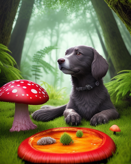a dog in a fantasy forest lying next to a giant red toadstool